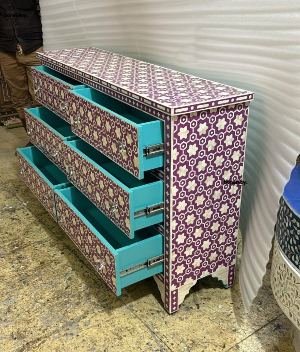 Purple floral bone inlay 6-drawer chest with all drawers open showing turquoise interior and crystal knobs