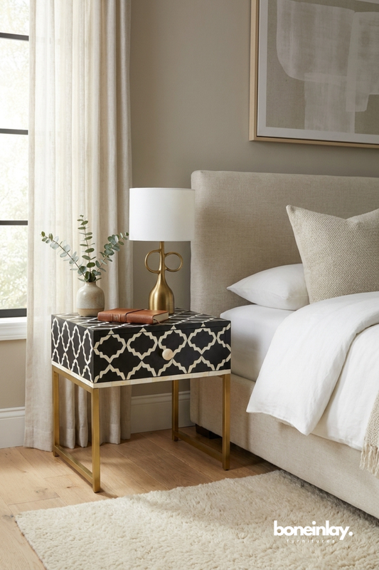 Black Bone Inlay Moroccan Pattern Bed Side Table with Gold Metal Frame