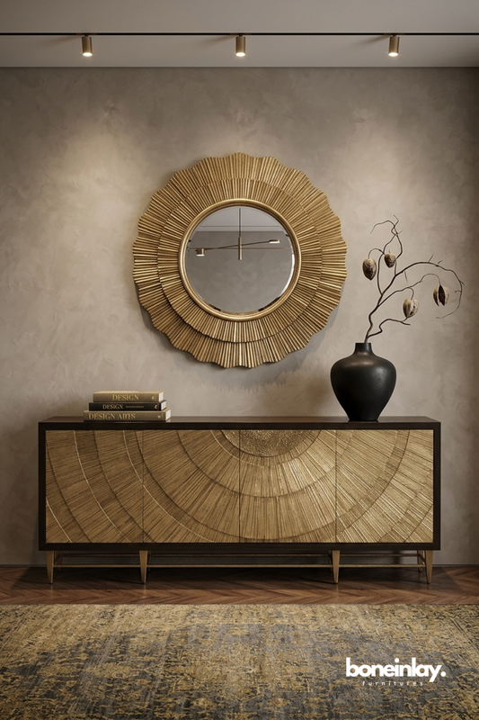 Luxury Gold Textured Sideboard Cabinet with Circular Art Deco Inspired Design