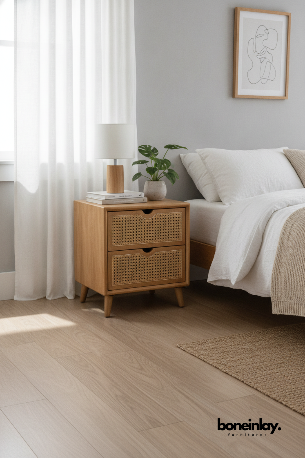 Modern Rattan Two Drawer Bedside Table in Natural Oak Finish