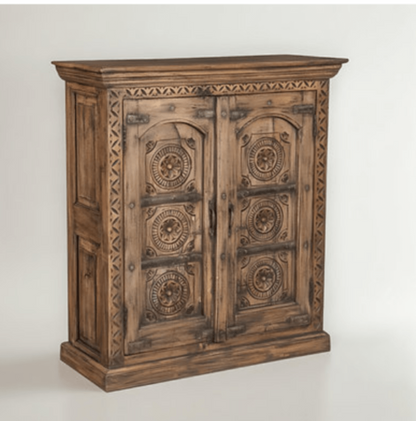 Reclaimed wood accent credenza with carved doors, front view of complete piece.