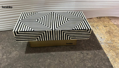 Rectangular bone inlay optical art coffee table with gold metal base, black and white chevron stripe inlay pattern