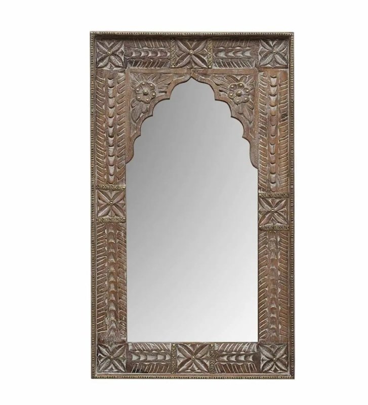 Rectangular carved wall mirror in rustic solid wood, front view showing leaf reliefs and a scalloped inner arch.