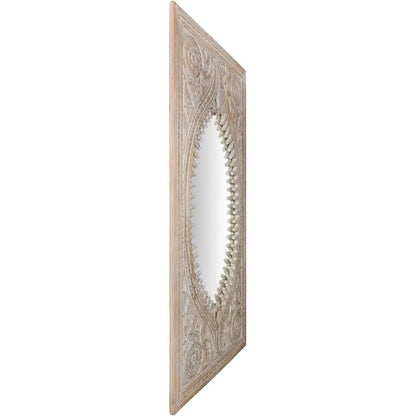 Rectangular rustic accent mirror in solid wood, side profile view revealing frame depth and raised floral carvings.