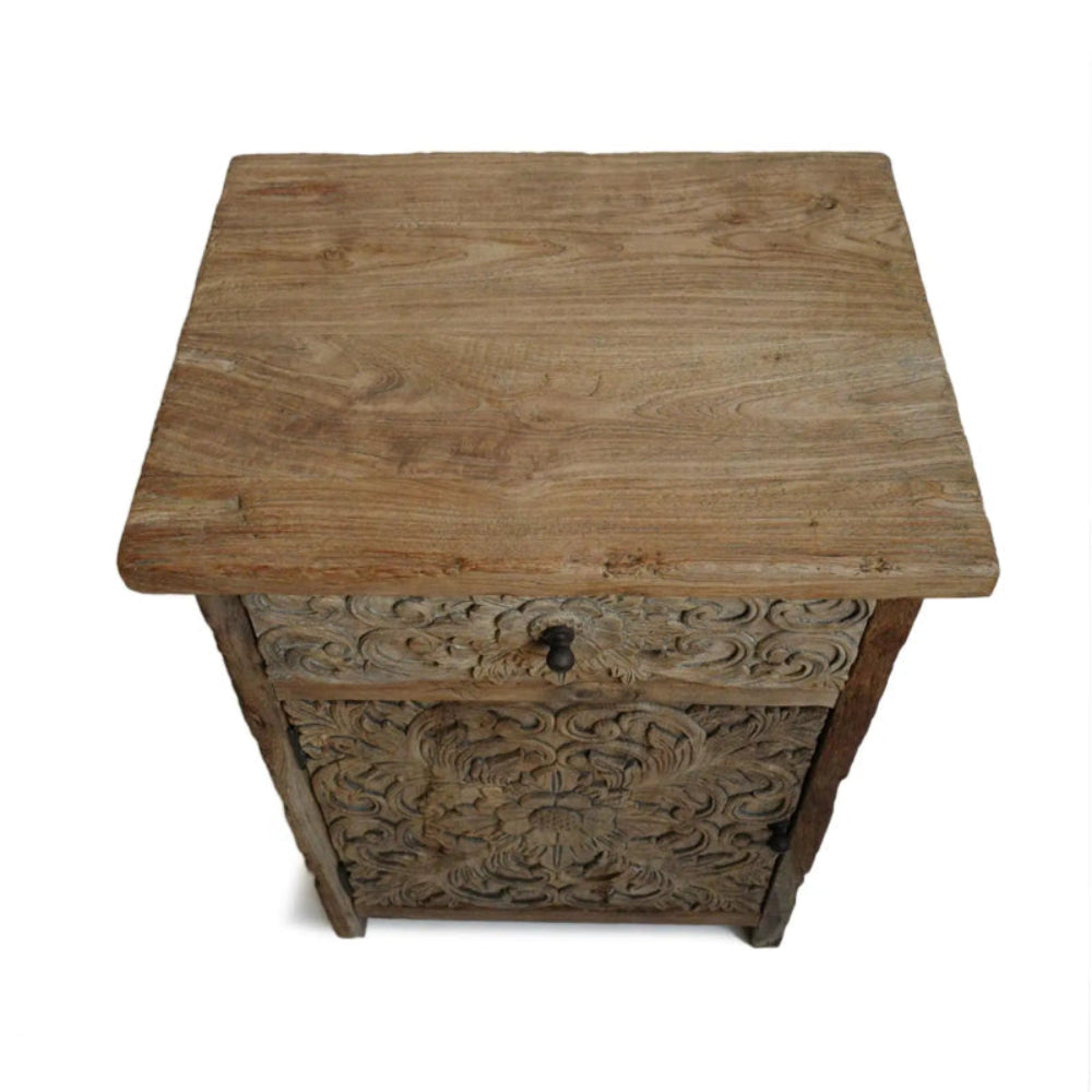 Rectangular wooden night table in rustic solid wood, top view showing pronounced grain and an overhanging edge.