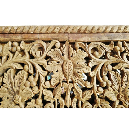 Rope border wall mirror in rustic carved wood, edge detail view highlighting the twisted trim above floral scrolls.