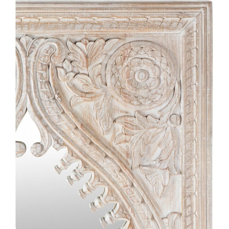 Rosette carved wall mirror in rustic solid wood, corner detail view showing a floral medallion, leaves and ridged trim.