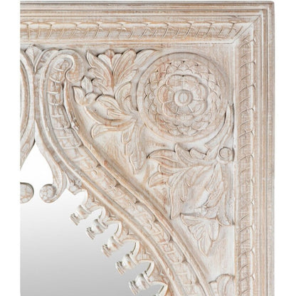 Rosette carved wall mirror in rustic solid wood, corner detail view showing a floral medallion, leaves and ridged trim.