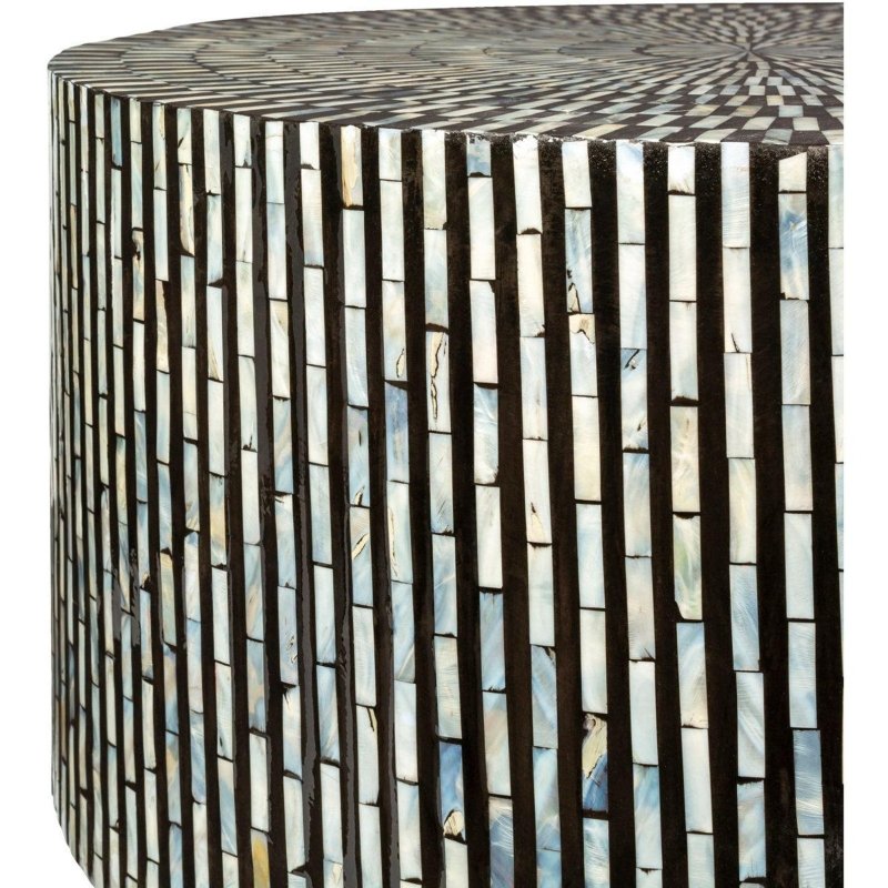 Handmade bone inlay black drum coffee table with intricate vertical stripe and sunburst inlay design, premium Indian artisan crafted furniture piece for sophisticated home decor