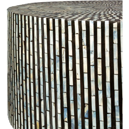 Handmade bone inlay black drum coffee table with intricate vertical stripe and sunburst inlay design, premium Indian artisan crafted furniture piece for sophisticated home decor