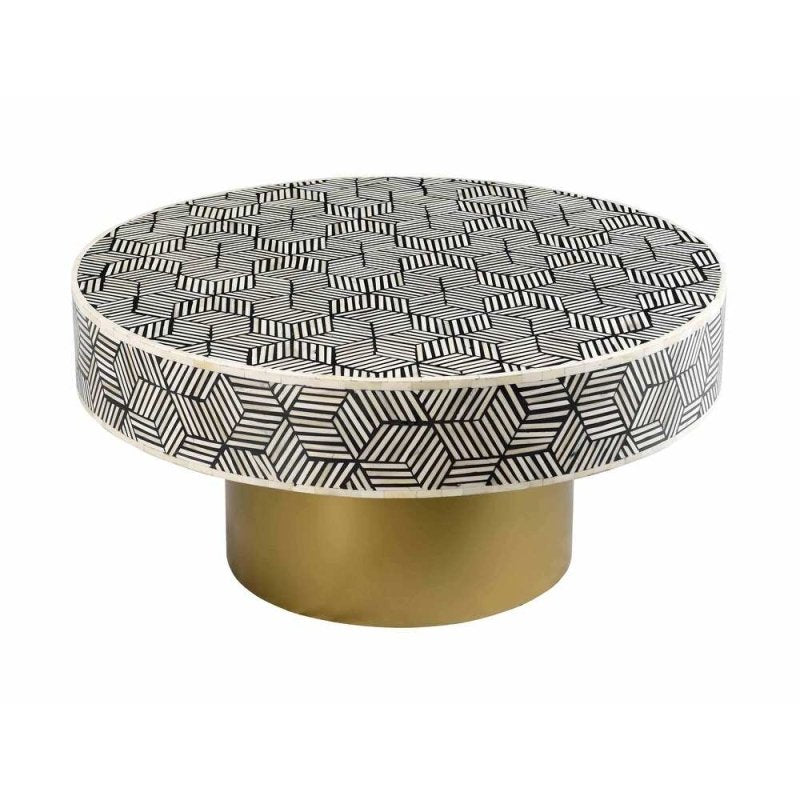 Round black and white geometric bone inlay coffee table with gold brass pedestal base