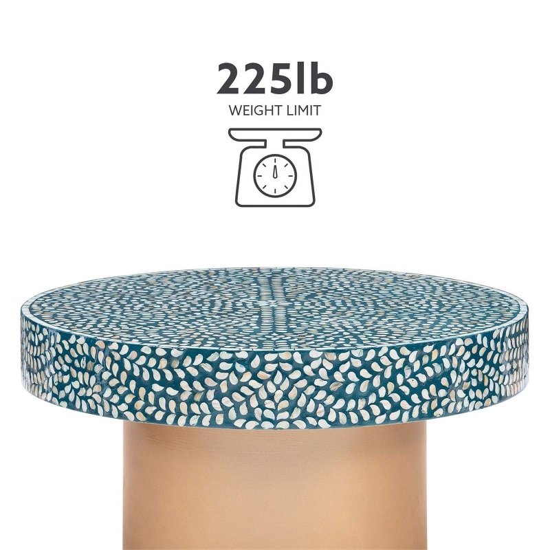 Round brass base teal and white bone inlay coffee table with shimmering Mother of Pearl leaf design, luxury handcrafted centerpiece furniture for premium home decor