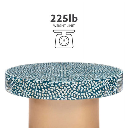 Round brass base teal and white bone inlay coffee table with shimmering Mother of Pearl leaf design, luxury handcrafted centerpiece furniture for premium home decor