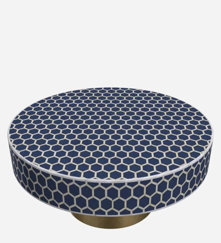 Round navy blue bone inlay coffee table with full honeycomb pattern on top and sides, brass base – handmade luxury living room center table
