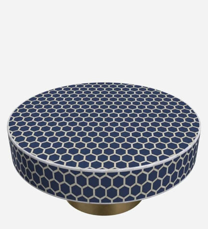 Round navy blue bone inlay coffee table with full honeycomb pattern on top and sides, brass base – handmade luxury living room center table