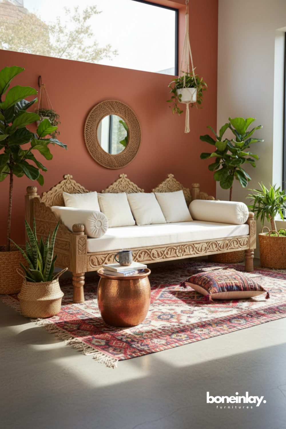 Hand-carved wooden daybed with bolster cushions styled in a warm bohemian living space.