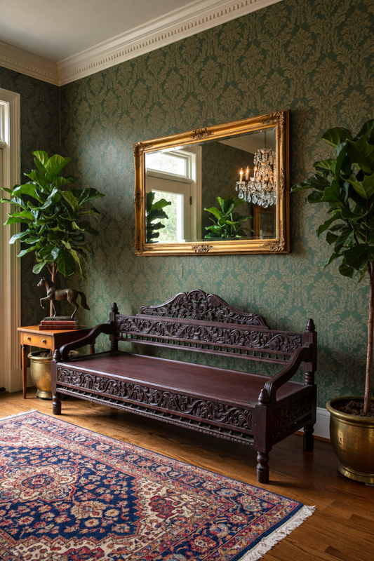 Hand-carved wooden daybed displayed in a vintage-inspired entryway with ornate decor.