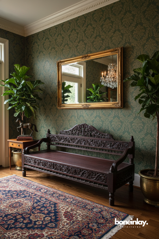 Hand-carved wooden daybed displayed in a vintage-inspired entryway with ornate decor.
