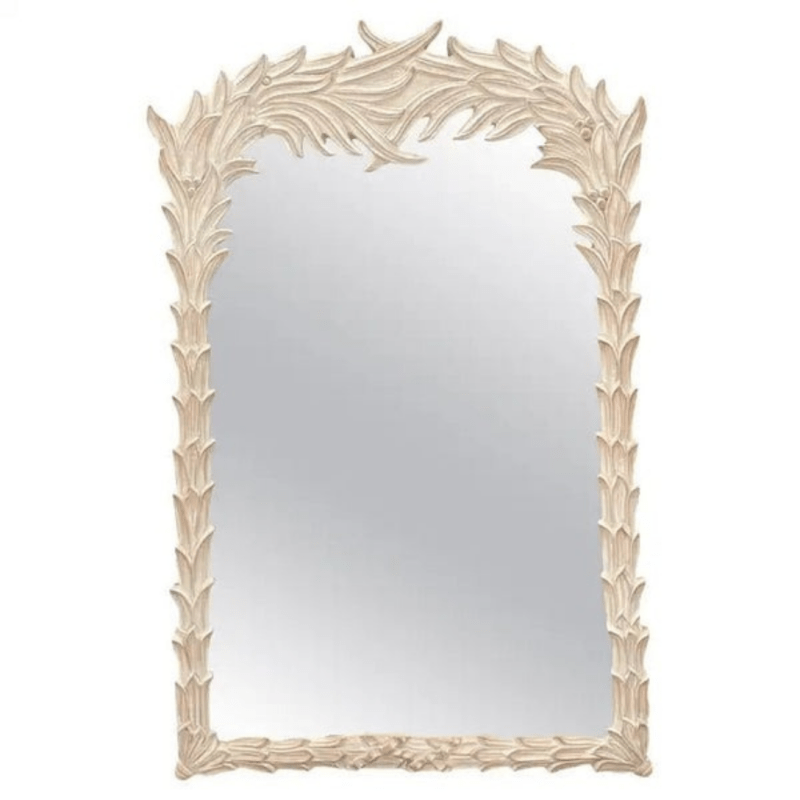 Rustic acanthus looking glass with a solid wood frame, front view showing sweeping leaves against a white background.