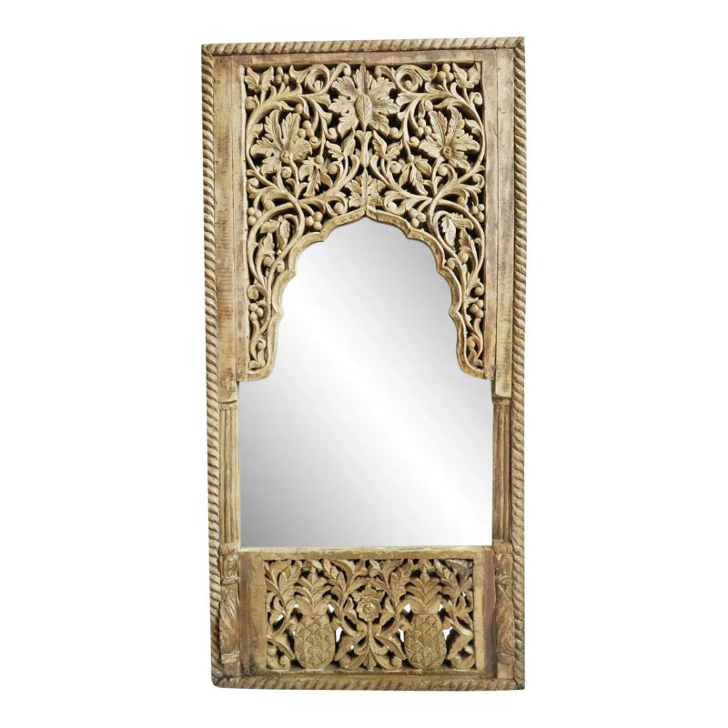 Rustic arched looking glass in carved wood, front view displaying fluted side columns and a pineapple-patterned panel.