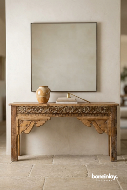 Rustic Hand Carved Wooden Console Table with Floral Apron Detailing