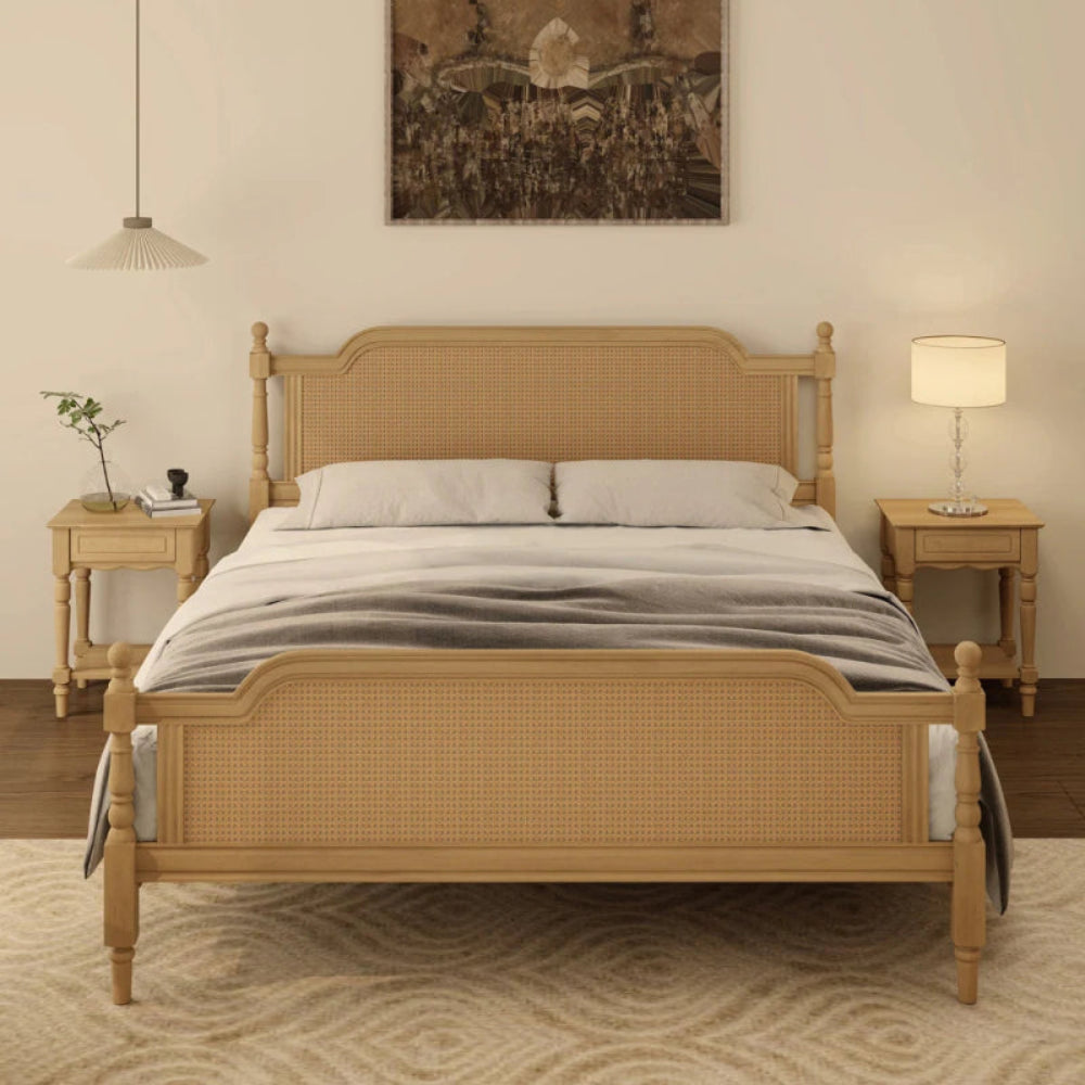 Rustic curved headboard bed with woven rattan panels, styled in bedroom with layered bedding and bedside lighting.