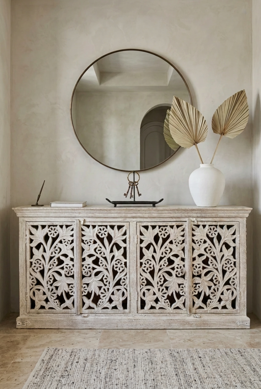 Rustic floral carved sideboard in solid wood, front view beneath a round mirror, with four openwork doors.