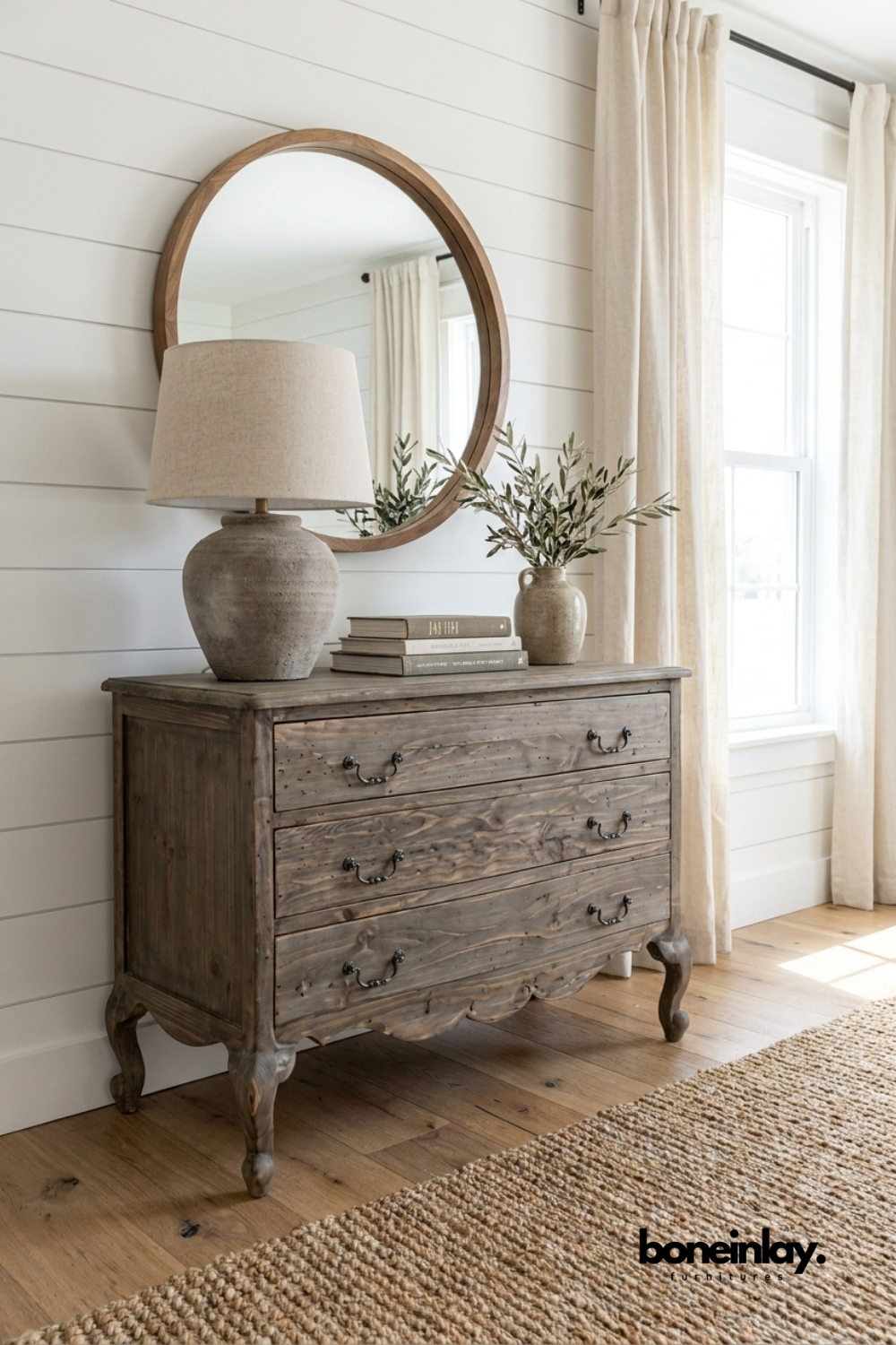 Rustic Wooden Dresser with Round Mirror in Bright Farmhouse Entryway