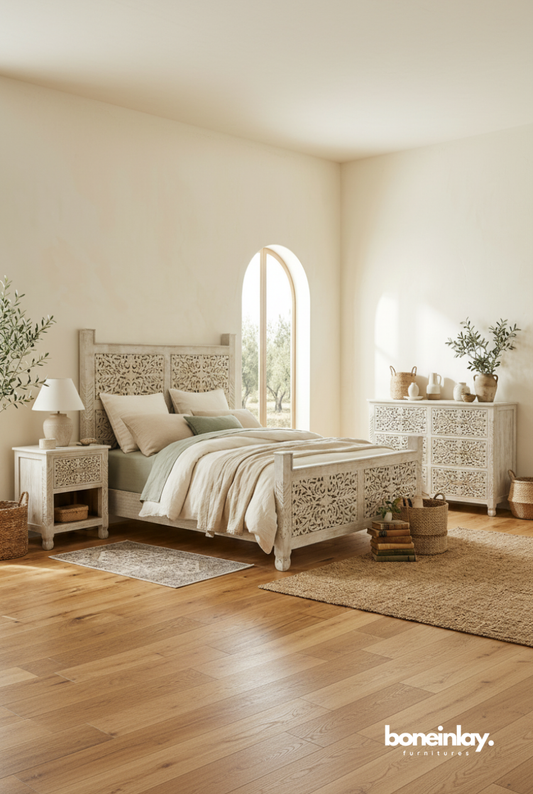 Complete distressed white solid wood Maharaja bedroom set including a carved bed, matching 3-drawer nightstand, and large dresser.