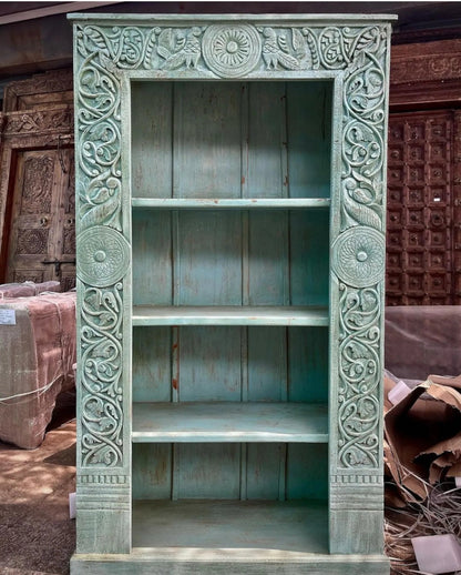 Rustic Open Shelf Unit in hand-carved solid wood, front view showing floral medallions and four open storage spaces.