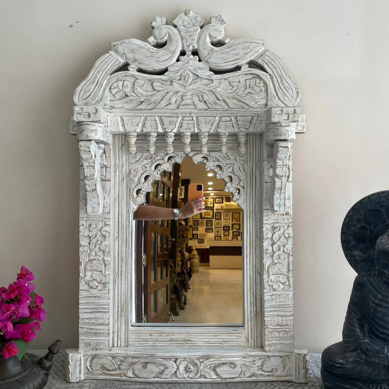 Rustic Peacock Wall Mirror in hand-carved solid wood, front view showing twin birds and a scalloped inner arch.