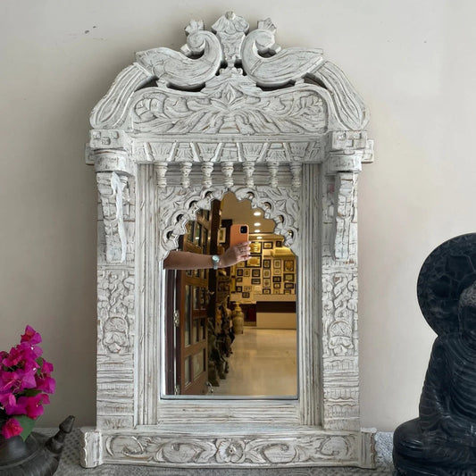 Rustic Peacock Wall Mirror in hand-carved solid wood, front view showing twin birds and a scalloped inner arch.