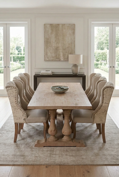 Large handcrafted trestle dining table featuring double baluster pedestal supports 
and a natural light finish, paired with tufted wingback upholstered dining chairs. 
Styled in an airy dining room atop a neutral rug with double patio doors, 
this table setting delivers refined French country elegance and luxurious entertaining space.