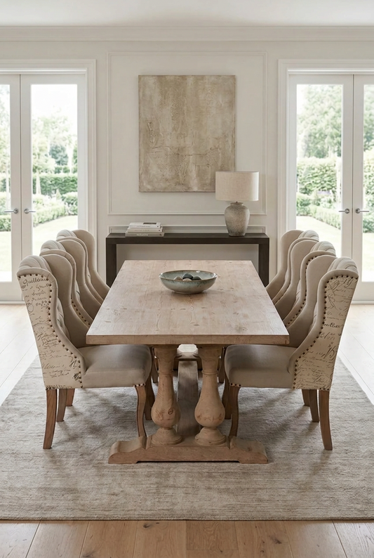 Large handcrafted trestle dining table featuring double baluster pedestal supports 
and a natural light finish, paired with tufted wingback upholstered dining chairs. 
Styled in an airy dining room atop a neutral rug with double patio doors, 
this table setting delivers refined French country elegance and luxurious entertaining space.