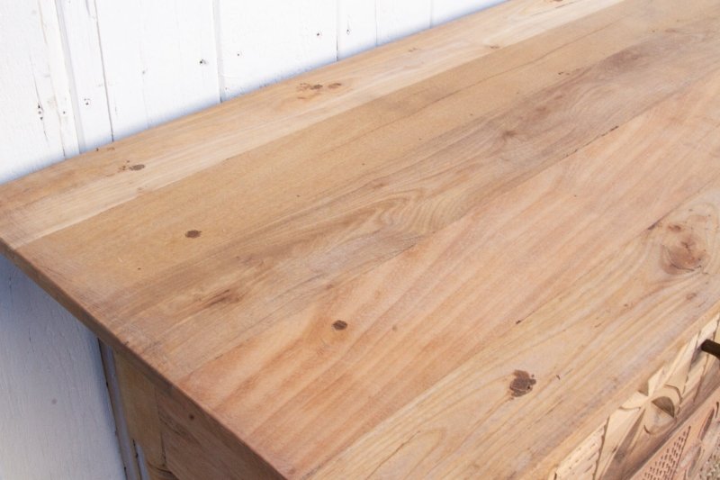 Rustic Solid Wood Entryway Table with a rectangular surface, top view highlighting knots and varied wood grain.