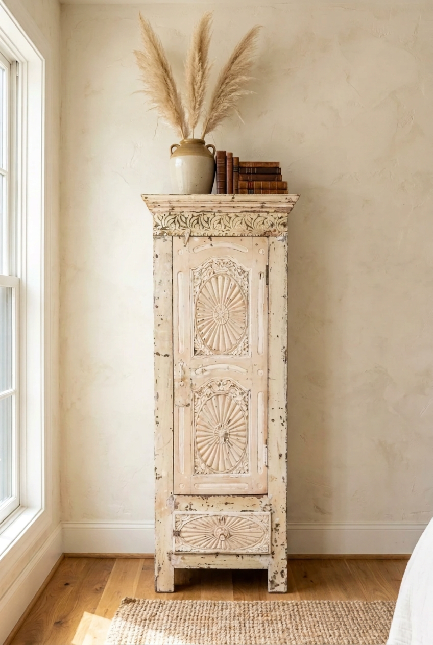 Rustic tall narrow accent cabinet with carved top, styled in living room beside a sunlit window.