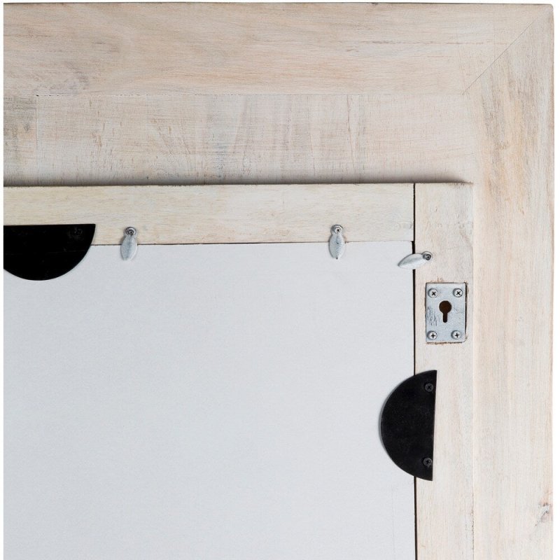 Rustic wood hanging mirror, corner detail view of the rear frame showing a keyhole mounting plate and backing clips.