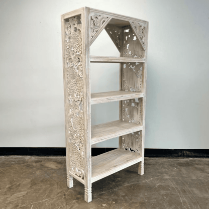 Rustic wooden display shelf with floral carving, front view angled from the left, showing four empty shelf levels.