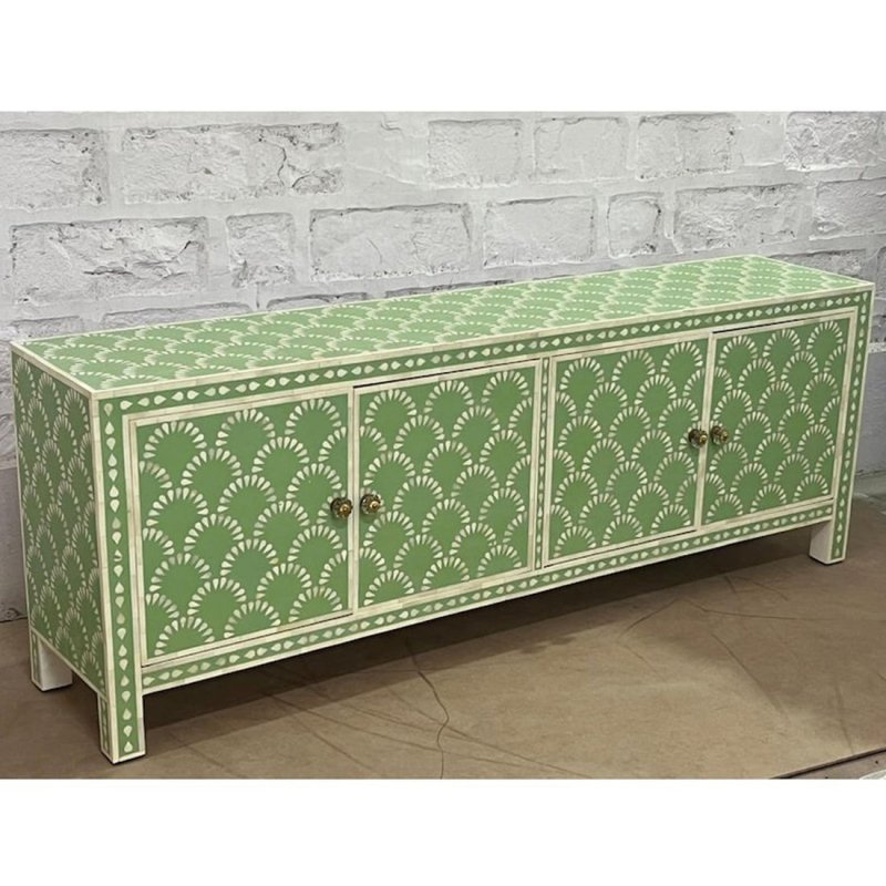 Sage green scalloped bone inlay dining sideboard with 4 doors, white inlay border trim, and antique brass knobs on mango wood base