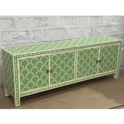 Sage green scalloped bone inlay dining sideboard with 4 doors, white inlay border trim, and antique brass knobs on mango wood base