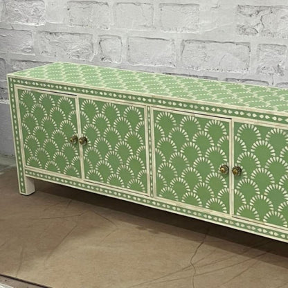 Sage green scalloped bone inlay storage cabinet with 4 doors and brass knobs, showing inlay detail on top surface and front panels