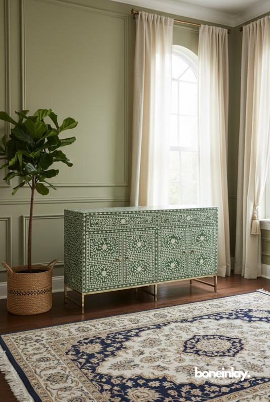 Sage green bone inlay floral credenza with brass legs styled in a living room with a patterned rug and fiddle leaf fig plant