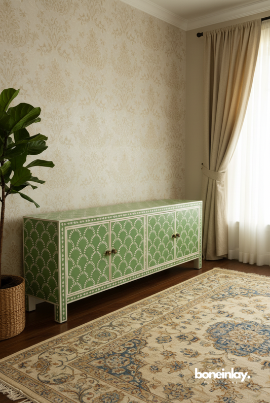 Sage Green Scalloped Bone Inlay 4-Door Sideboard