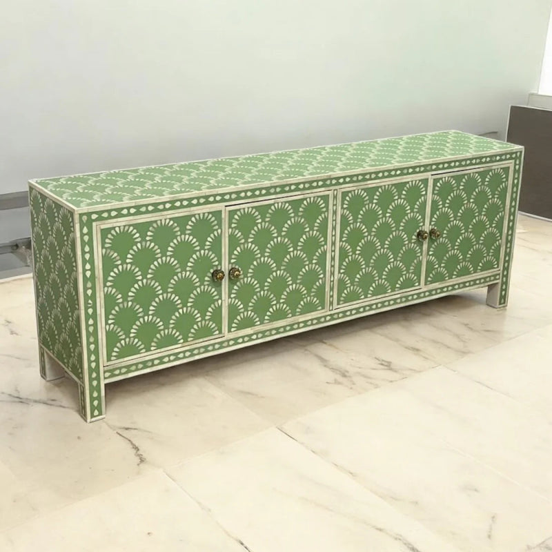 Sage green bone inlay luxury sideboard with scalloped fan design displayed on marble floor, showing full cabinet with inlay-covered top and 4-door front