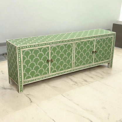 Sage green bone inlay luxury sideboard with scalloped fan design displayed on marble floor, showing full cabinet with inlay-covered top and 4-door front