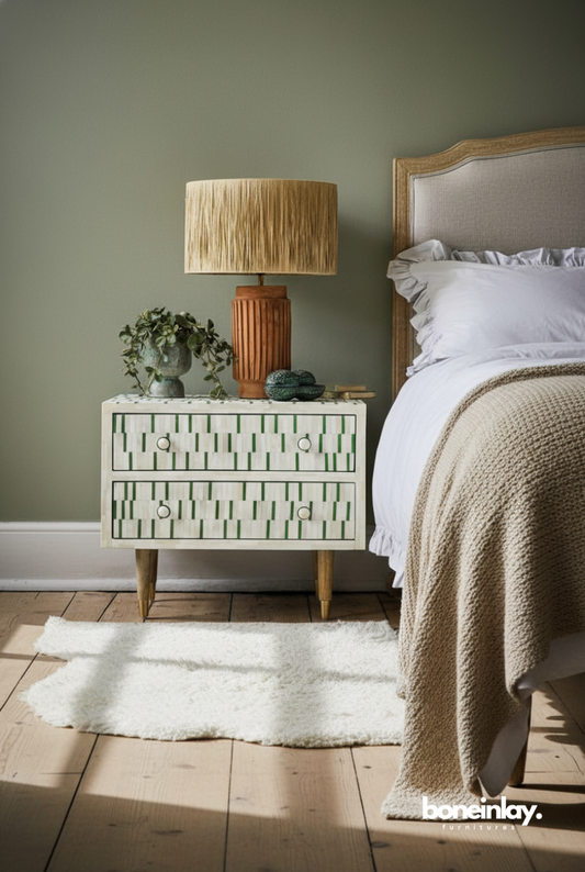 Sage green stripe bone inlay 2 drawer nightstand styled in a boho bedroom with tapered wood legs and ring knobs
