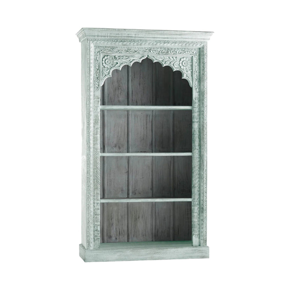 Scalloped arch solid wood bookcase with a rustic finish, front view at a slight angle revealing the left side panel.