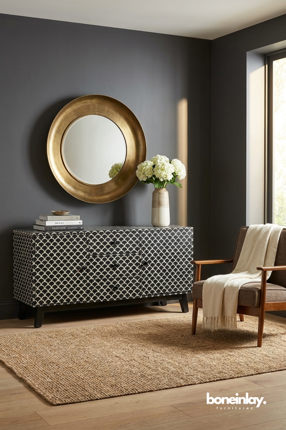 Black bone inlay sideboard with scallop pattern detailing, central drawers and cabinet storage.