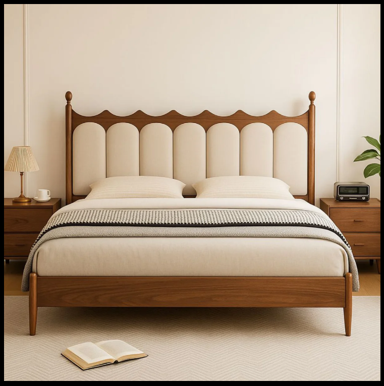 Mid-Century Modern Upholstered Headboard Bed Frame
