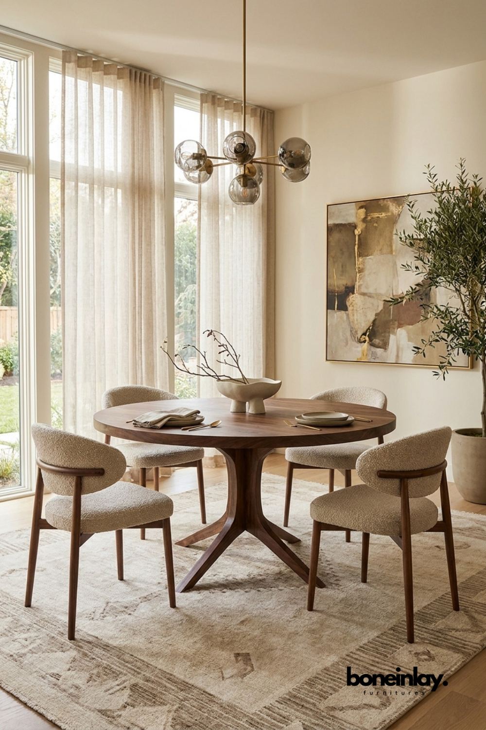 Round walnut wood dining table with a solid pedestal base.
Paired with four boucle fabric upholstered dining chairs.
Warm wood tones and curved chair backs create a soft, modern look.
Styled in a bright dining nook with a sculptural glass chandelier.